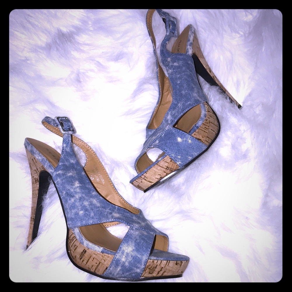 Denim Open Toe Sling backs w/ cork heels ✨🙌🏾